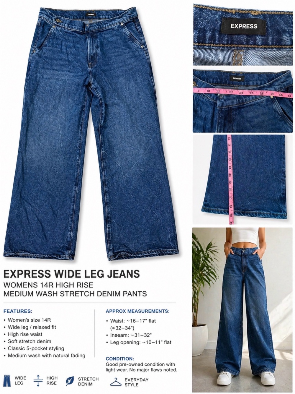 Express Wide Leg Jeans Womens 14R High Rise Medium Wash Stretch Denim Pants